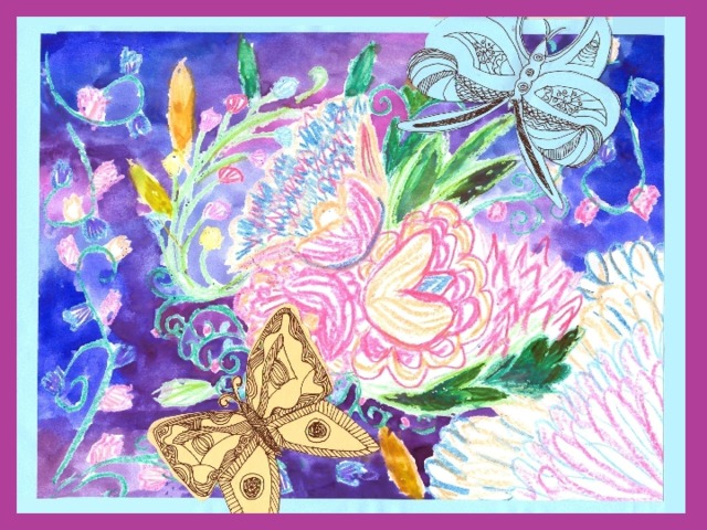 «Цветок и бабочки». Рисунок Виталии Гасановой 3 класс.