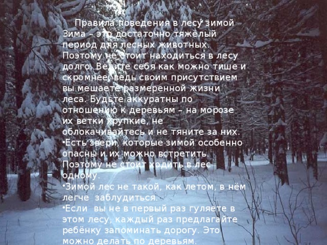 Правила поведения в лесу зимой Зима – это достаточно тяжёлый период для лесных животных. Поэтому не стоит находиться в лесу долго. Ведите себя как можно тише и скромнее, ведь своим присутствием вы мешаете размеренной жизни леса. Будьте аккуратны по отношению к деревьям – на морозе их ветки хрупкие, не облокачивайтесь и не тяните за них.