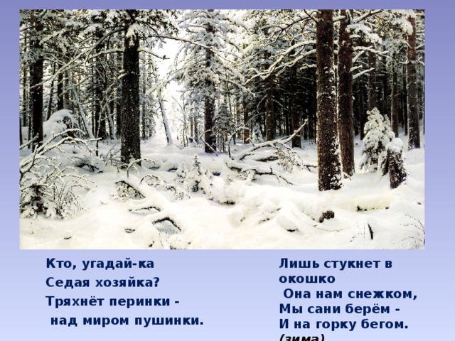 Кто, угадай-ка Лишь стукнет в окошко Седая хозяйка?  Она нам снежком, Тряхнёт перинки - Мы сани берём -  над миром пушинки. И на горку бегом. (зима)   