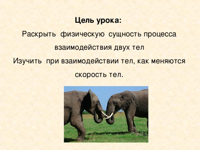 Цель урока:  Раскрыть физическую сущность процесса взаимодействия двух тел  Изучить при взаимодействии тел, как меняются скорость тел .