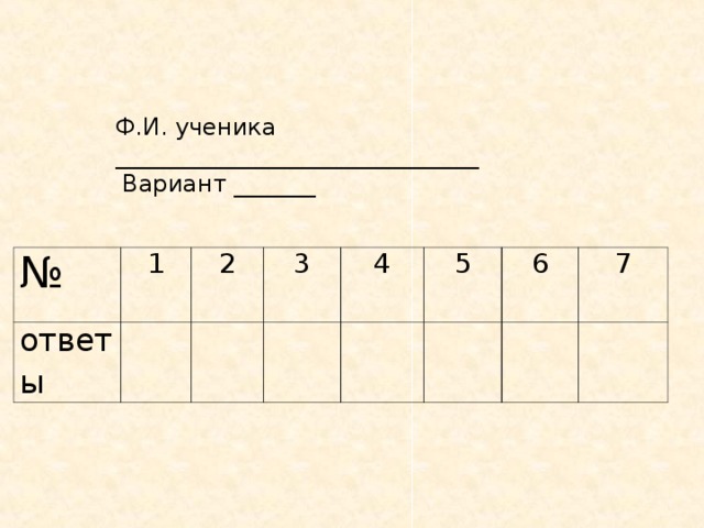 Ф.И. ученика _______________________________  Вариант _______ № 1 ответы 2 3 4 5 6 7