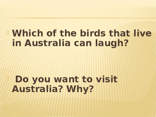 Which of the birds that live in Australia can laugh?    Do you want to visit Australia? Why?