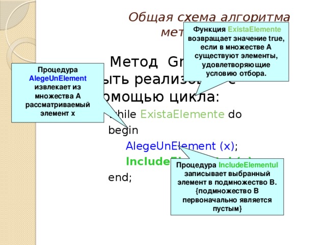 Общая схема алгоритма  метода Greedy    Функция ExistaElemente возвращает значение true, если в множестве А существуют элементы, удовлетворяющие условию отбора.  Метод Greedy может быть реализован с помощью цикла:   while ExistaElemente do   begin    AlegeUnElement (x) ;    IncludeElementul (x) ;   end; Процедура AlegeUnElement извлекает из множества А рассматриваемый элемент х Процедура IncludeElementul записывает выбранный элемент в подмножество В. {подмножество В первоначально является пустым}