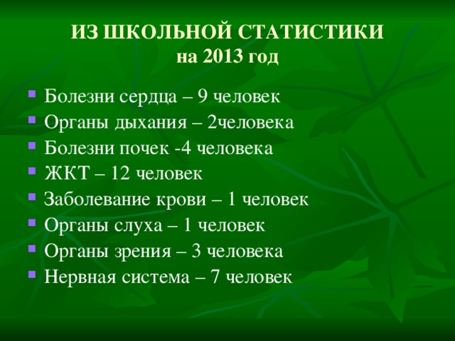 ИЗ ШКОЛЬНОЙ СТАТИСТИКИ  на 2013 год