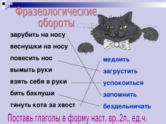 зарубить на носу веснушки на носу повесить нос вымыть руки взять себя в руки бить баклуши тянуть кота за хвост     медлить загрустить успокоиться запомнить бездельничать