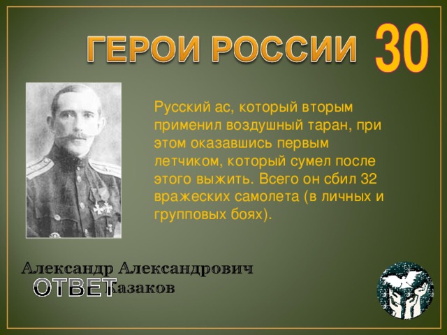 Русский ас, который вторым применил воздушный таран, при этом оказавшись первым летчиком, который сумел после этого выжить. Всего он сбил 32 вражеских самолета (в личных и групповых боях).