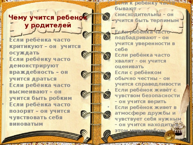 Если к ребёнку часто бывают снисходительны – он учится быть терпимым Если ребёнка часто подбадривают – он учится уверенности в себе Если ребёнка часто хвалят – он учится оценивать Если с ребёнком обычно честны – он учится справедливости Если ребёнок живёт с чувством безопасности – он учится верить Если ребёнок живет в атмосфере дружбы и чувствует себя нужным – он учится находить в этом мире любовь Чему учится ребенок у родителей Если ребёнка часто критикуют – он учится осуждать Если ребёнку часто демонстрируют враждебность – он учится драться Если ребёнка часто высмеивают – он учится быть робким Если ребёнка часто позорят – он учится чувствовать себя виноватым