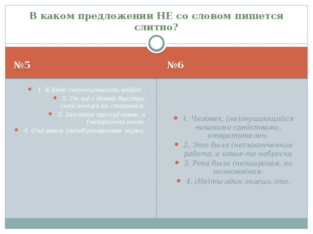 В каком предложении НЕ со словом пишется слитно? № 5 № 6