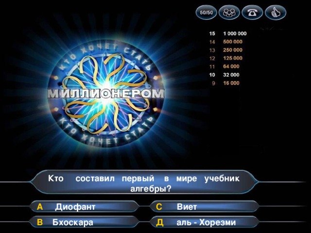 Кто составил первый в мире учебник алгебры? А С Диофант Виет В Д аль - Хорезми Бхоскара