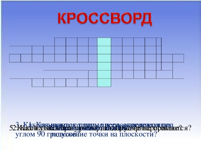 1. Как называют пару чисел, определяющих положение точки на плоскости? 3. Как называются прямые пересекающиеся под углом 90 градусов? 2. Как называются прямые, которые не пересекаются? 4. Как называют ось ОХ? 5. Какой угол образуют перпендикулярные прямые? 6. Как называют ось ОУ?  К О О Р Д И Н А Т Ы П А Р А Л Л Е Л Ь Н Ы Е  П Е Р П Е Н Д И К У Л Я Р Н Ы Е  А Б С Ц И С С  П Р Я М О Й О Р Д И Н А Т    К О О Р Д И Н А Т Ы