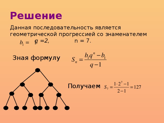Решение  Данная последовательность является геометрической прогрессией со знаменателем     q =2,   n = 7.   Зная формулу Получаем м