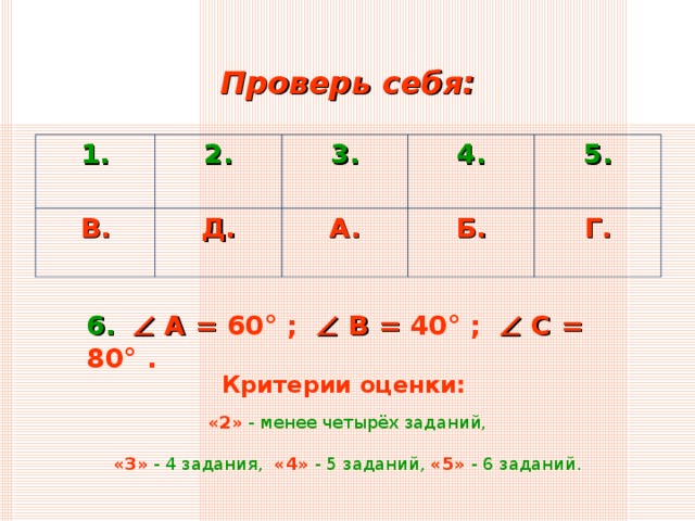 Проверь себя: 1. 2. В. 3. Д. 4. А. 5. Б. Г. 6.   А = 60 ° ;  В = 40 ° ;  С = 80 ° . Критерии оценки ׃   «2» - менее четырёх заданий, «3» - 4 задания, «4» - 5 заданий,  «5» - 6 заданий.