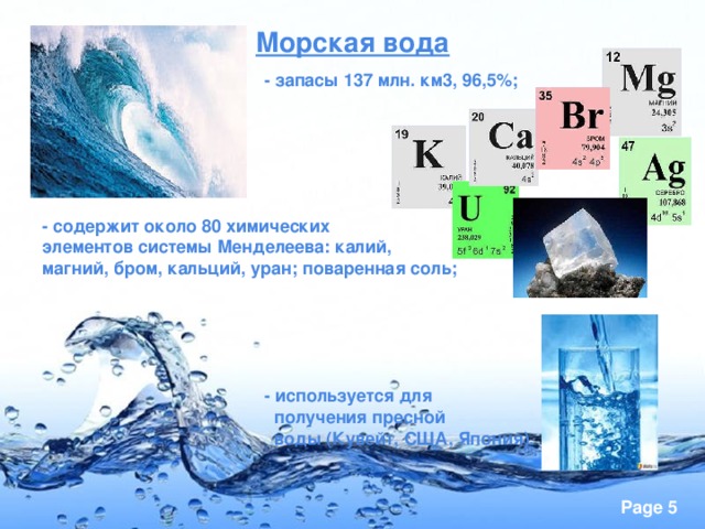 Морская вода  - запасы 137 млн. км3, 96,5%;      - содержит около 80 химических элементов системы Менделеева: калий, магний, бром, кальций, уран; поваренная соль;   - используется для  получения пресной  воды (Кувейт, США, Япония).
