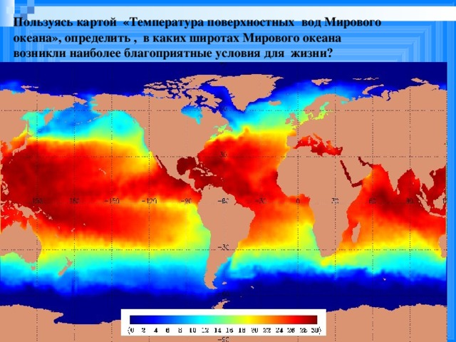 Пользуясь картой «Температура поверхностных вод Мирового океана», определить , в каких широтах Мирового океана возникли наиболее благоприятные условия для жизни?