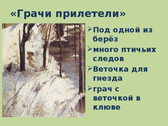 «Грачи прилетели» Под одной из берёз много птичьих следов Веточка для гнезда грач с веточкой в клюве