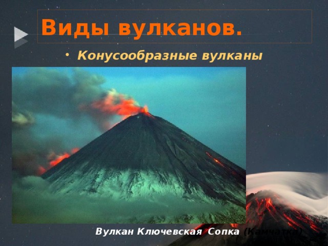 Виды вулканов . Конусообразные вулканы Вулкан Ключевская Сопка (Камчатка)