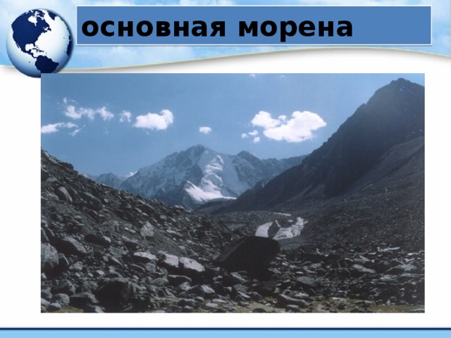 основная морена Морена Аккемского ледника (Алтай) Холмистый рельеф по пути отступления ледника называют основной мореной . Основные морены крупных ледников образуют сплошные моренные поля, протяженностью в несколько километров. Передвижение по таким полям связано с большими физическими затратами. Ориентирование и выбор оптимального пути в хаосе морен затруднены. 28