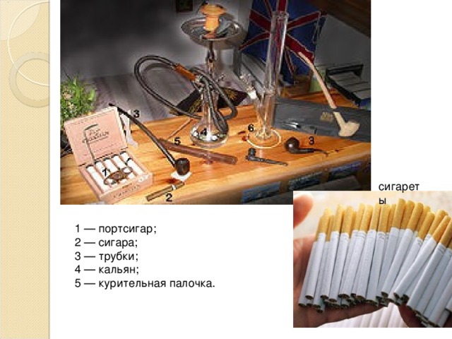 сигареты .  1 — портсигар;  2 — сигара;  3 — трубки;  4 — кальян;  5 — курительная палочка.