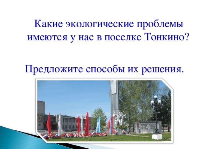 Какие экологические проблемы имеются у нас в поселке Тонкино? Предложите способы их решения.