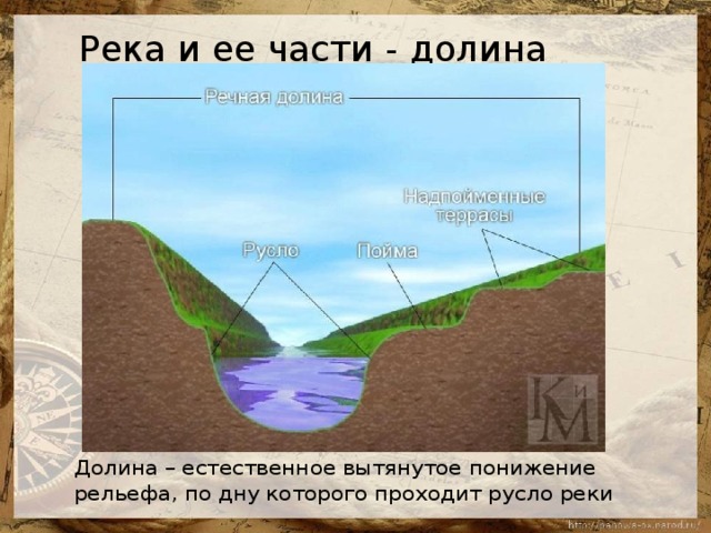 Река и ее части - долина Долина – естественное вытянутое понижение рельефа, по дну которого проходит русло реки