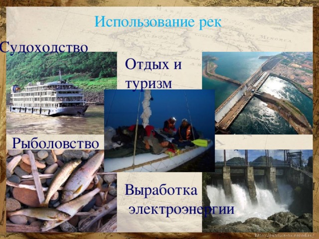 Использование рек Судоходство Отдых и туризм Рыболовство Выработка  электроэнергии