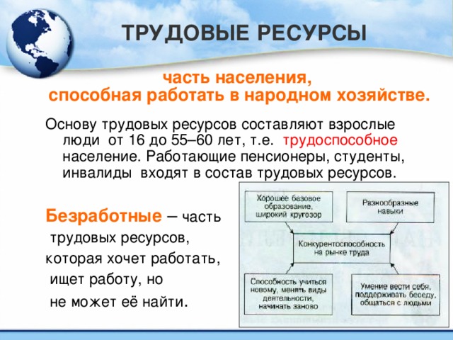 ТРУДОВЫЕ РЕСУРСЫ часть населения, способная работать в народном хозяйстве. Основу трудовых ресурсов составляют взрослые люди от 16 до 55–60 лет, т.е. трудоспособное население. Работающие пенсионеры, студенты, инвалиды входят в состав трудовых ресурсов.  Безработные – часть  трудовых ресурсов, которая хочет работать,  ищет работу, но  не может её найти .