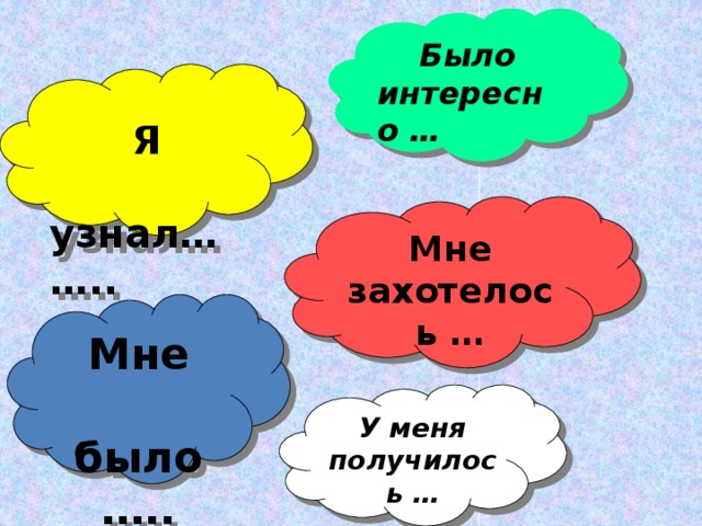 Было интересно …  Я  узнал…….. Мне захотелось … Мне  было….. У меня получилось …