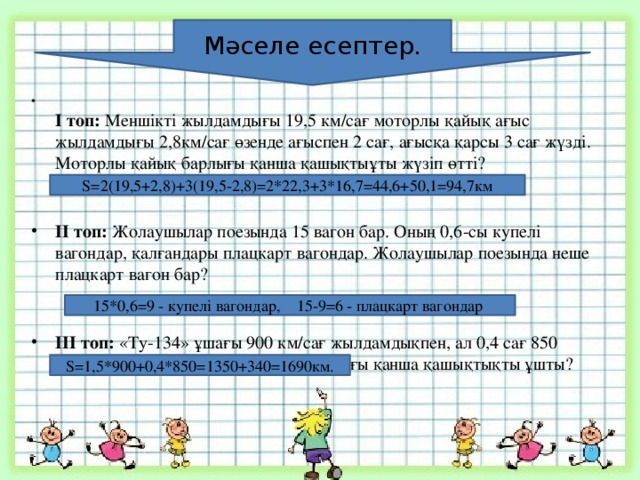 Мәселе есептер.  І топ: Меншікті жылдамдығы 19,5 км/сағ моторлы қайық ағыс жылдамдығы 2,8км/сағ өзенде ағыспен 2 сағ, ағысқа қарсы 3 сағ жүзді. Моторлы қайық барлығы қанша қашықтыұты жүзіп өтті?    ІІ топ: Жолаушылар поезында 15 вагон бар. Оның 0,6-сы купелі вагондар, қалғандары плацкарт вагондар. Жолаушылар поезында неше плацкарт вагон бар?    ІІІ топ: «Ту-134» ұшағы 900 км/сағ жылдамдықпен, ал 0,4 сағ 850 км/сағ жылдамдықпен ұшты. Ол барлығы қанша қашықтықты ұшты?    S=2(19,5+2,8)+3(19,5-2,8)=2*22,3+3*16,7=44,6+50,1=94,7км 15*0,6=9 - купелі вагондар, 15-9=6 - плацкарт вагондар S=1,5*900+0,4*850=1350+340=1690км.