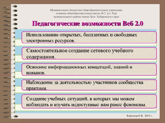 Муниципальное бюджетное общеобразовательное учреждение  основная общеобразовательная школа № 2 р.п. Хор  муниципального района имени Лазо Хабаровского края Педагогические возможности Веб 2.0 Королева Е.В. 2015 г.