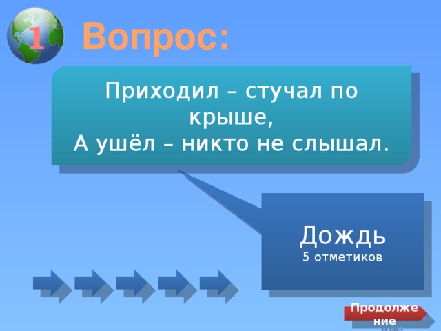 Вопрос: 1 Приходил – стучал по крыше, А ушёл – никто не слышал. Дождь 5 отметиков Продолжение