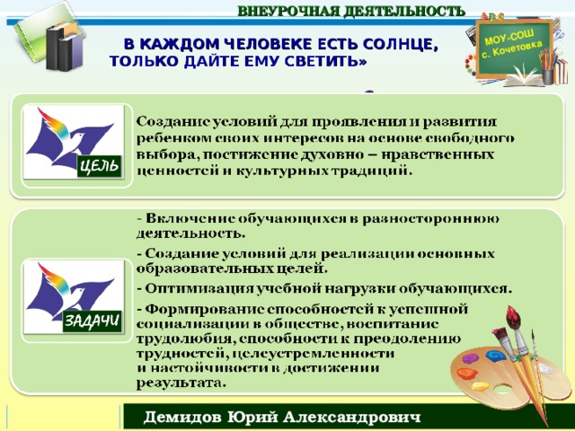 МОУ-СОШ с. Кочетовка ВНЕУРОЧНАЯ ДЕЯТЕЛЬНОСТЬ В КАЖДОМ ЧЕЛОВЕКЕ ЕСТЬ СОЛНЦЕ, ТОЛЬКО ДАЙТЕ ЕМУ СВЕТИТЬ»  Сократ Демидов Юрий Александрович