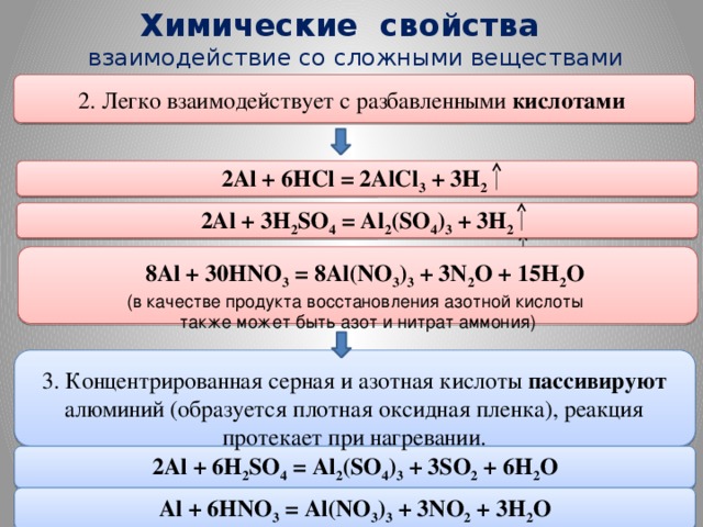 Химические свойства   взаимодействие со сложными веществами 2. Легко взаимодействует с разбавленными кислотами 2Al + 6HCl = 2AlCl 3  + 3H 2  2Al + 3H 2 SO 4  = Al 2 (SO 4 ) 3  + 3H 2   8Al + 30HNO 3  = 8Al(NO 3 ) 3  + 3N 2 O + 15H 2 O (в качестве продукта восстановления азотной кислоты также может быть азот и нитрат аммония)  3. Концентрированная серная и азотная кислоты пассивируют алюминий (образуется плотная оксидная пленка), реакция протекает при нагревании. 2Al + 6H 2 SO 4  = Al 2 (SO 4 ) 3  + 3SO 2  + 6H 2 O Al + 6HNO 3  = Al(NO 3 ) 3  + 3NO 2  + 3H 2 O