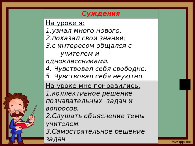 Суждения На уроке я: узнал много нового; показал свои знания; с интересом общался с На уроке мне понравились:  учителем и одноклассниками. коллективное решение познавательных задач и вопросов. 4. Чувствовал себя свободно. Слушать объяснение темы учителем. Самостоятельное решение задач. 5. Чувствовал себя неуютно.