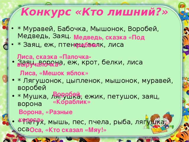 Конкурс «Кто лишний?»   * Муравей, Бабочка, Мышонок, Воробей, Медведь, Заяц. * Заяц, еж, птенец, волк, лиса  Заяц, ворона, еж, крот, белки, лиса  * Лягушонок, цыпленок, мышонок, муравей, воробей * Мушка, лягушка, ежик, петушок, заяц, ворона  * Петух, мышь, пес, пчела, рыба, лягушка, оса  Медведь, сказка «Под грибом». Лиса, сказка «Палочка-выручалочка» Лиса, «Мешок яблок» Воробей, «Кораблик» Ворона, «Разные колеса» Оса, «Кто сказал «Мяу!»