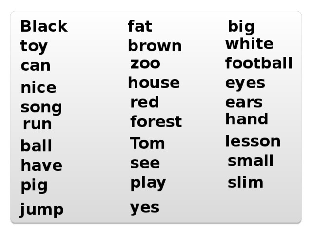 Black big fat white brown toy football zoo can eyes house nice ears red song hand forest run lesson Tom ball small see have play slim pig yes jump