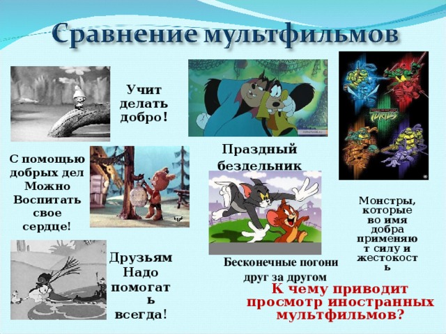 Учит делать добро! Праздный бездельник С помощью добрых дел Можно Воспитать свое сердце!  Монстры, которые во имя добра применяют силу и жестокость Друзьям Надо помогать всегда ! Бесконечные погони друг за другом  К чему приводит просмотр иностранных мультфильмов?