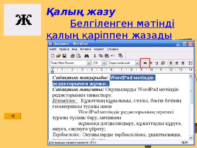 Қалың жазу Белгіленген мәтінді қалың қаріппен жазады