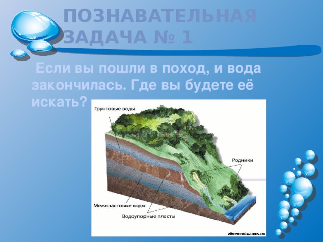 Познавательная задача № 1  Если вы пошли в поход, и вода закончилась. Где вы будете её искать?