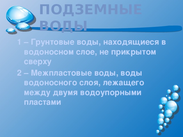 Подземные воды 1 – Грунтовые воды, находящиеся в водоносном слое, не прикрытом сверху 2 – Межпластовые воды, воды водоносного слоя, лежащего между двумя водоупорными пластами