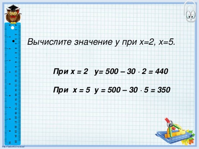 Вычислите значение у при х=2, х=5.