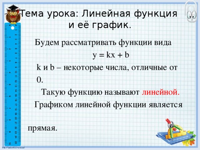 Тема урока: Линейная функция  и её график.  Будем рассматривать функции вида  у = kx + b  k и b – некоторые числа, отличные от  0.  Такую функцию называют линейной.  Графиком линейной функции является  прямая.