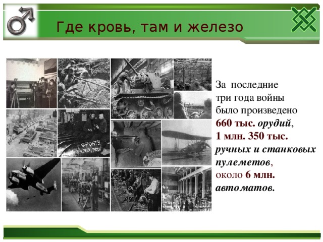 Где кровь, там и железо   За последние три года войны было произведено 660 тыс. орудий , 1 млн. 350 тыс. ручных и станковых пулеметов , около 6 млн. автоматов.