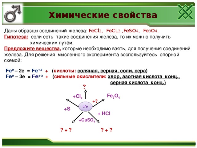 Химические свойства Даны образцы соединений железа: FeCl 2 , FeCL 3 ,FeSO 4 , Fe 3 O 4 . Гипотеза: если есть такие соединения железа, то их можно получить  химическим путём. Предложите вещества , которые необходимо взять, для получения соединений железа. Для решения мысленного эксперимента воспользуйтесь опорной схемой:  Fe 0 – 2e = Fe +2  + ( кислоты: соляная, серная, соли, сера )  Fe 0 – 3e = Fe +3  + ( сильные окислители: хлор, азотная кислота конц.,  серная кислота конц.) Fe 3 O 4  +Cl 2 +? +S + HCl  +CuSO 4 ? + ? ? + ?