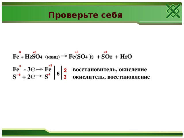 Проверьте себя +3 +4  +6 0 Fe + H 2 SO 4  ( конц) Fe(SO 4  ) 3  + SO 2  + H 2 O  Fe  - 3℮ Fe   восстановитель, окисление S    + 2℮  S    окислитель, восстановление +3 0 2 6 +4  +6 3