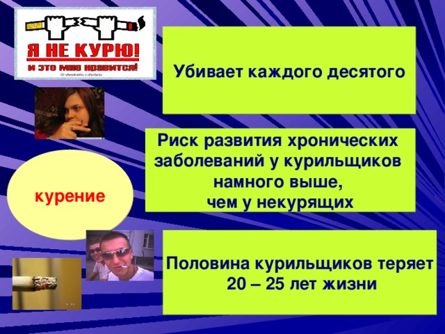 Убивает каждого десятого Риск развития хронических заболеваний у курильщиков намного выше, чем у некурящих курение Половина курильщиков теряет  20 – 25 лет жизни