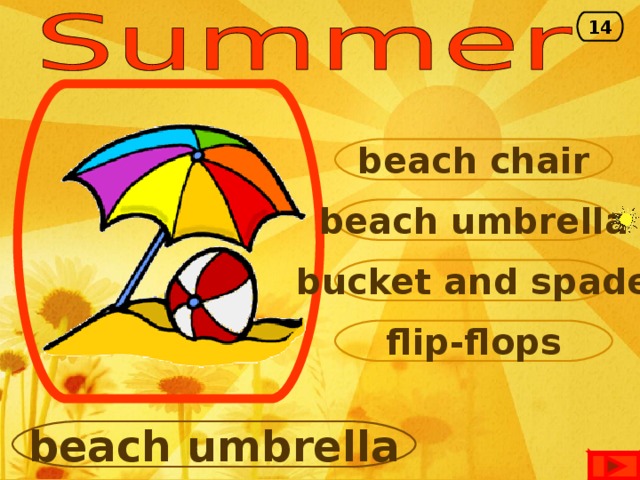 14 beach chair beach umbrella bucket and spade flip-flops beach umbrella