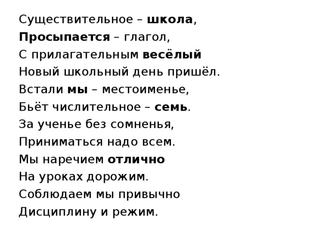 Существительное – школа , Просыпается – глагол, С прилагательным весёлый Новый школьный день пришёл. Встали мы – местоименье, Бьёт числительное – семь . За ученье без сомненья, Приниматься надо всем. Мы наречием отлично На уроках дорожим. Соблюдаем мы привычно Дисциплину и режим.