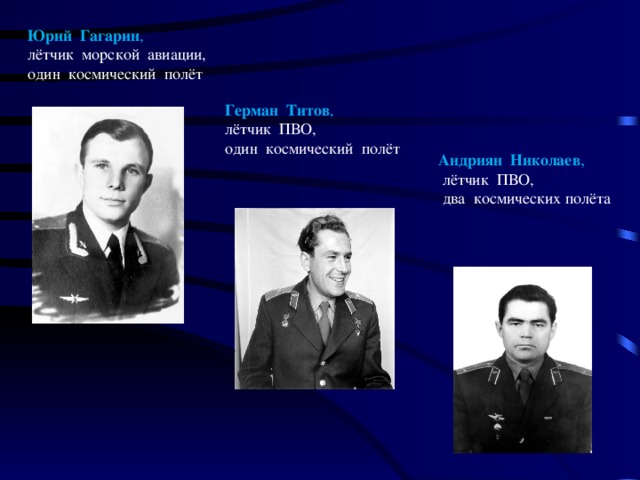 Юрий Гагарин , лётчик морской авиации, один космический полёт Герман Титов , лётчик ПВО, один космический полёт Андриян Николаев ,  лётчик ПВО,  два космических полёта