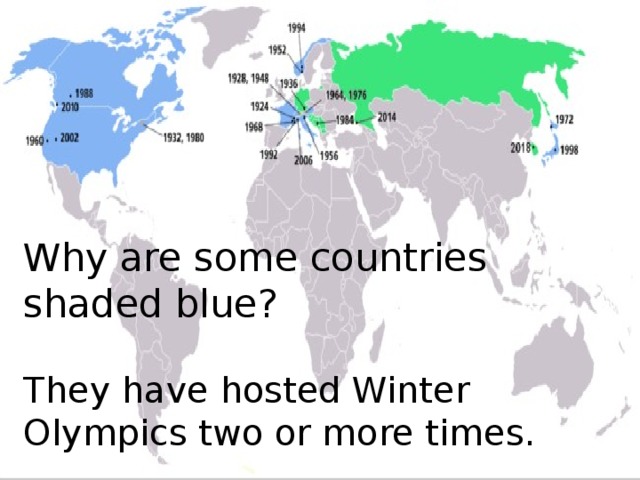 Why are some countries shaded blue? They have hosted Winter Olympics two or more times.