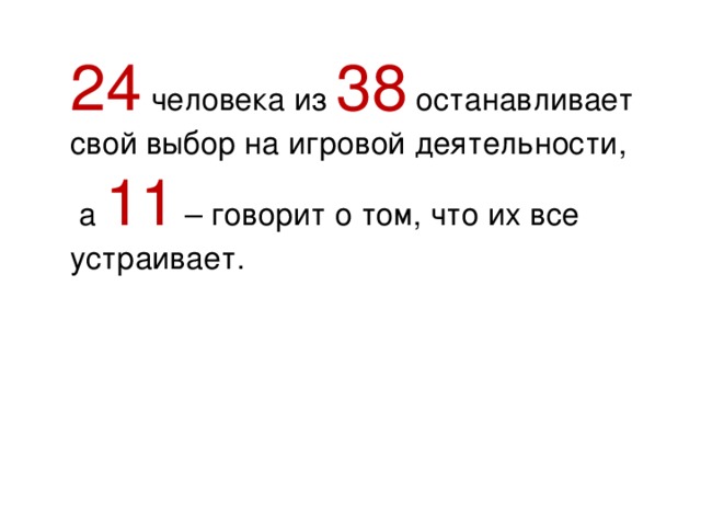 24  человека из 38 останавливает свой выбор на игровой деятельности,  а 11  – говорит о том, что их все устраивает.